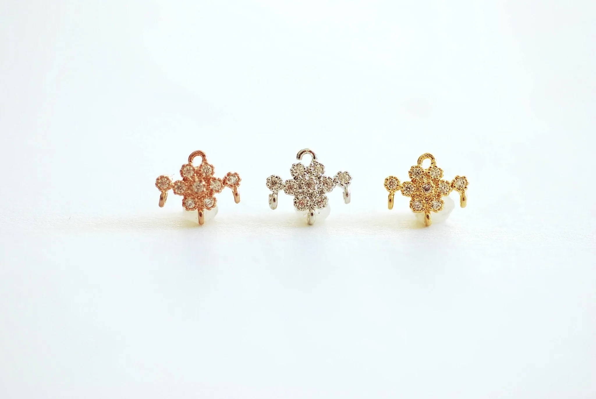 Wholesale 10X9mm Cubic Zirconia Flower Connector link, Sterling Silver, Vermeil Gold, Rose Gold, pave, Cubic Zirconia CZ Space Connector, Snowflake